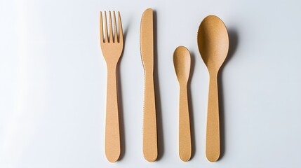 disposable eco tableware made of cardboard spoon fork knife Sustainable planet, on a white background to insert the layout. 