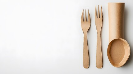disposable eco tableware made of cardboard spoon fork knife Sustainable planet, on a white background to insert the layout. 