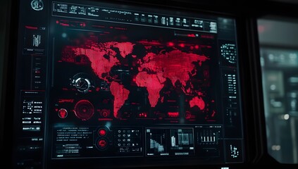Obraz premium Cinematic shot of a futuristic screen with a digital world map, a hologram interface in the center, in red and black colors,