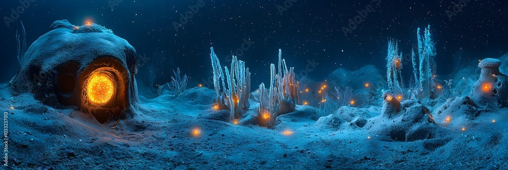 Poster Mesmerizing bioluminescent plankton glowing in the depths of the mysterious and enchanting underwater ocean creating a surreal and ethereal natural light display