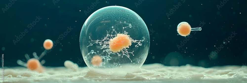 Poster mesmerizing bubbles floating in a captivating liquid visualizing the intricate chemical reactions an