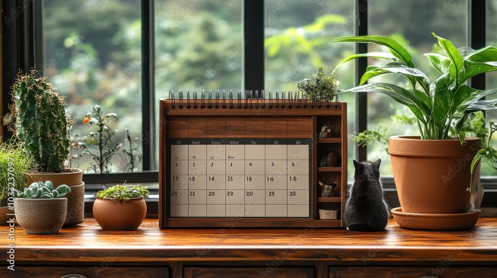 Poster a desk calendar in a comfortable working corner, decorated with refreshing plants, suitable for work