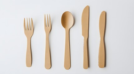 disposable eco tableware made of cardboard spoon fork knife Sustainable planet, on a white background to insert the layout. 