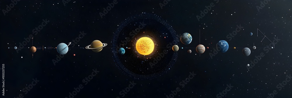 Poster Mesmerizing digital showcasing planets orbiting a radiant digital sun symbolizing the endless possibilities and captivating allure of space and cosmic discovery