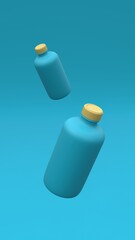 Tow plastic bottles flying in the air on the blue background. Package design. 3d illustration.