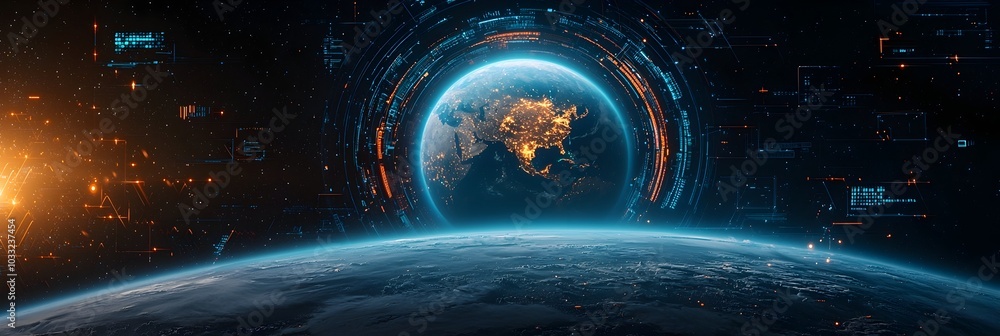 Aufkleber Mesmerizing holographic projection of the planet Earth encircled by dynamic data streams showcasing the interconnectedness and technological advancements of the digital world