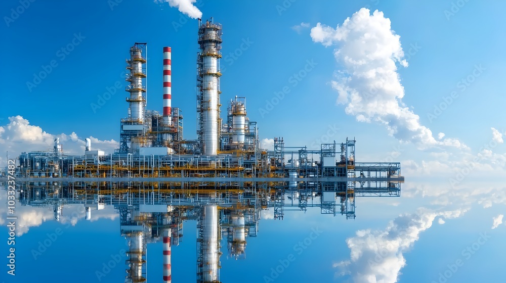 Poster Mesmerizing mirrored reflection of towering industrial refinery towers creating a symmetrical geometric pattern on the calm still surface of the water