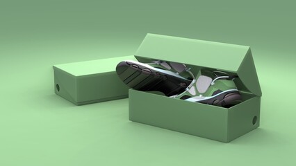 Pair of shoes in box package on the green background. Modern design. 3d illustration.