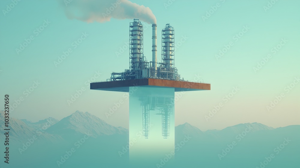 Poster mesmerizing reflection of industrial refinery towers mirrored on the calm still surface of the water