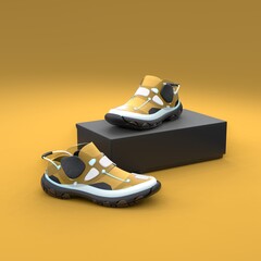 Footwear concept with box package on the yellow background. Package design. 3d illustration.