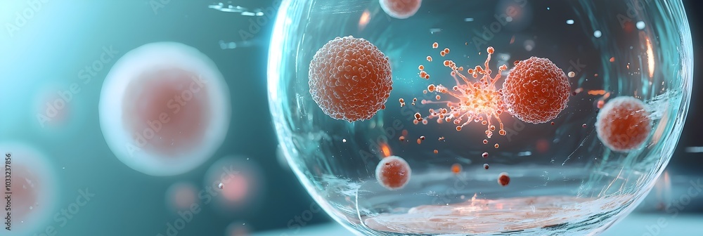 Poster microscopic view of cells dividing and multiplying in a petri dish or laboratory setting scientific 