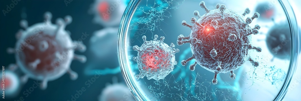 Poster microscopic view of dividing cells in a petri dish style laboratory setting showcasing the biologica