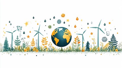 Modern Earth Day design a clean simple globe and eco symbols like wind turbines trees and water drops emphasizing environmental awareness ecology and sustainable living on a white backdrop