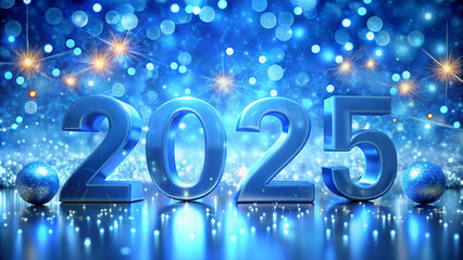 Welcome new year 3d 2025 sparkling image of the year 2025, adorned with snowflakes and twinkling lights, creating a festive and celebratory atmosphere blue background wallpaper 