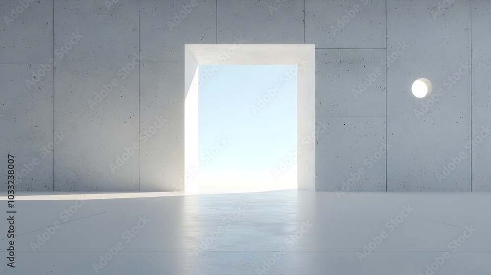Poster minimalist and conceptual image showcasing a doorway leading into a mirrored void creating an infini