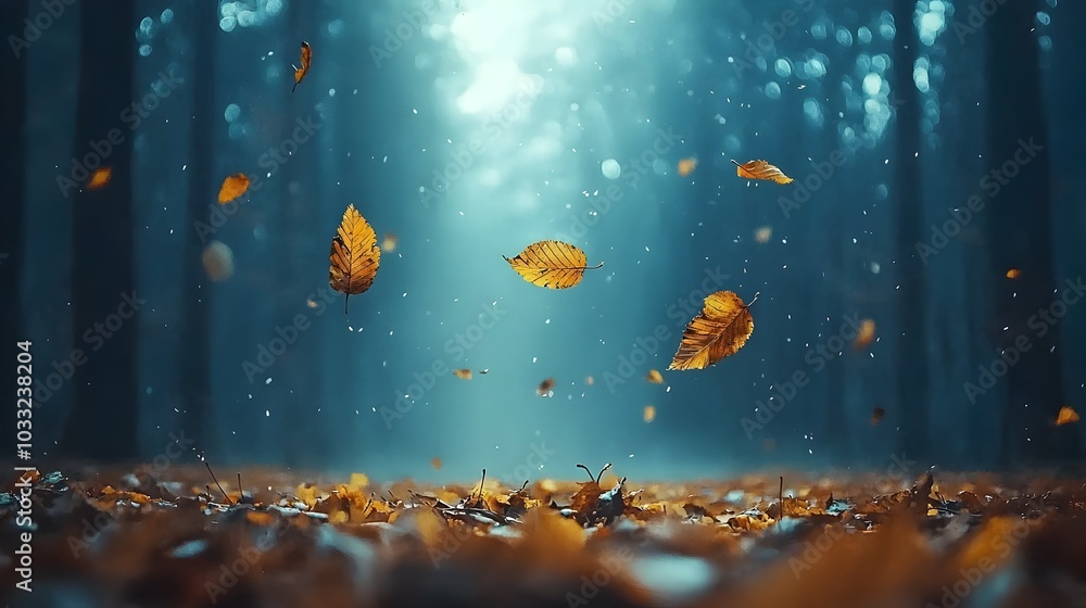Poster Misty atmospheric autumn forest scene with scattered fallen leaves in the foreground and a hazy ethereal landscape in the background