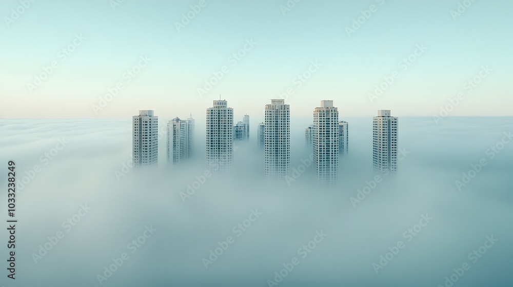 Poster Misty city skyline enveloped in a soft rolling fog that obscures and softens the view of the urban landscape creating a mysterious and serene atmosphere