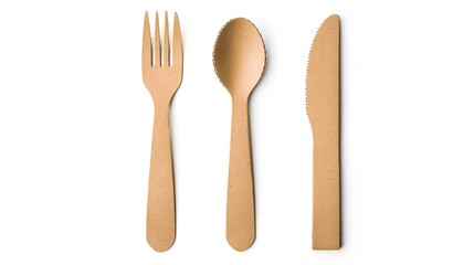 disposable eco tableware made of cardboard spoon fork knife Sustainable planet, on a white background to insert the layout. 