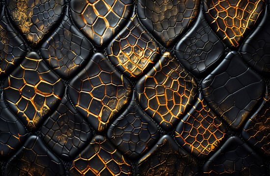 Black and yellow snake skin background with golden details, shiny texture of leather fabric for the design of women's . A beautiful pattern in a rhombus style. Abstract natural wallpaper with detailed