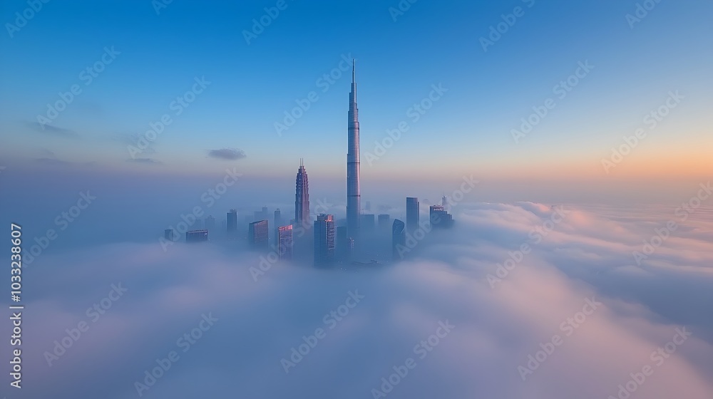 Poster Misty Cityscape Shrouded in Ethereal Fog A Captivating and Moody Landscape Where the City Skyline Emerges from the Soft Rolling Mist Creating a Serene and Atmospheric Scene