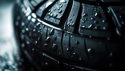 Close-up of the tire's tread pattern, highlighting its texture and depth, symbolizing performance in wet conditions.