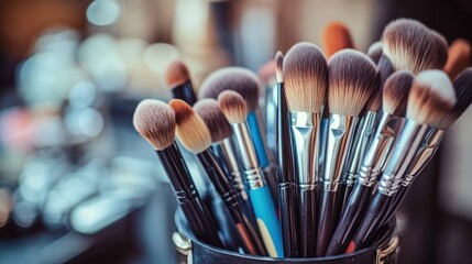A close-up shot of a group of makeup brushes in a black container.
