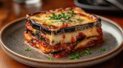 Delicious Slice of Melanzane alla Parmigiana on Plate