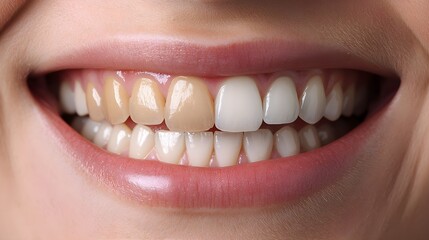Obraz premium Testimonial from a patient who underwent teeth whitening, showing before photos of yellowed teeth and after photos of a radiant, bright smile post-treatment