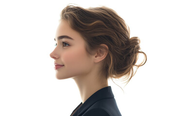 Fototapeta premium A professional young woman in profile exuding confidence and elegance, showcasing a modern hairstyle and attire.