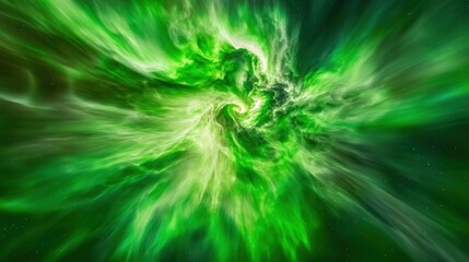 A swirling green and white nebula with a central core of white light in a deep space background.