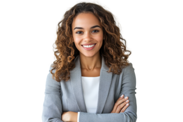A smiling woman in professional attire with curly hair, exuding confidence and approachability.