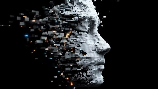 digital artwork depicting an AI head composed entirely of pixelated blocks, set against a black background