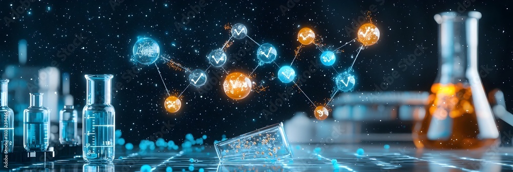 Aufkleber Periodic table symbols floating in a cosmic space setting with dynamic chemical reactions occurring between the elements  A futuristic abstract