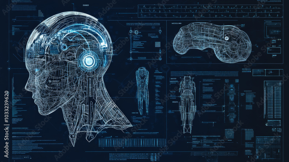 Poster a plan for creating an ai, shown as a diagram of an electronic robot brain. it's like a blueprint fo