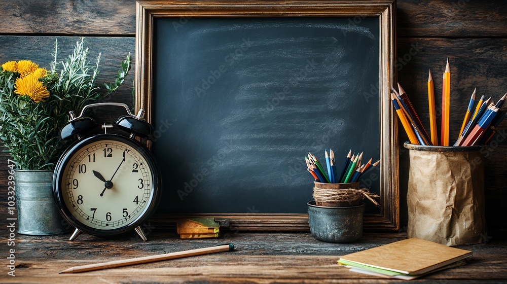 Poster a rustic table an alarm clock sits next to scattered school supplies with a chalkboard in the backgr