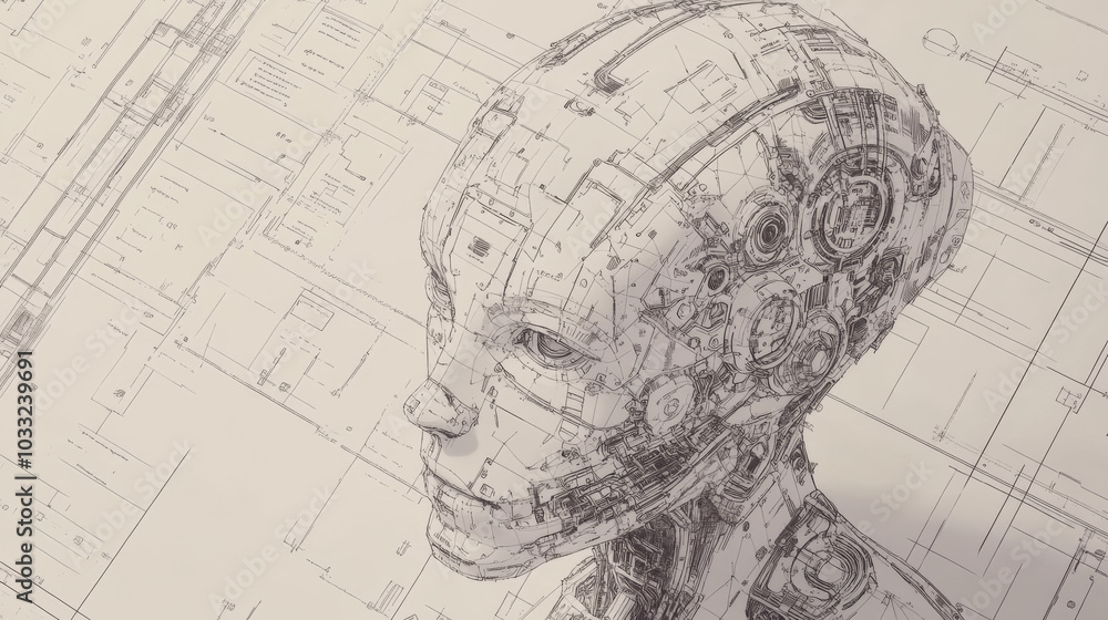 Poster a plan for creating an ai, shown as a diagram of an electronic robot brain. it's like a blueprint fo