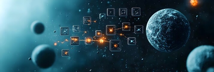 Naklejka premium Periodic Table Symbols Floating in Cosmic Space with Vibrant Chemical Reactions Symbolizing the Mysteries of the Universe and Scientific Discovery