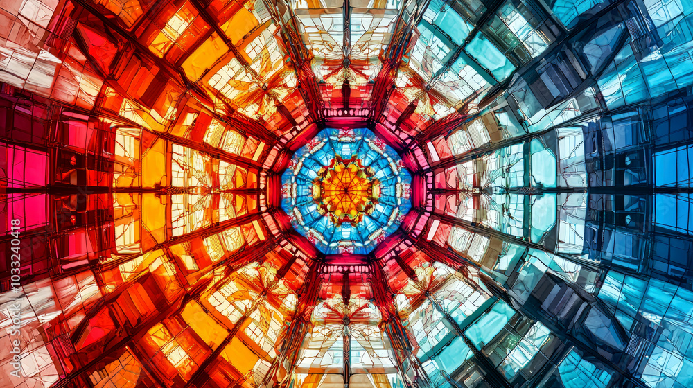 Poster a vibrant kaleidoscopic pattern featuring an array of colors and geometric shapes.