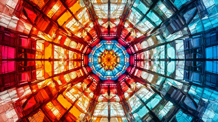 A vibrant kaleidoscopic pattern featuring an array of colors and geometric shapes.
