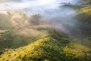 Landscape of Morning Mist with Mountain Layer at north of Thailand. mountain ridge and clouds in rural jungle bush forest