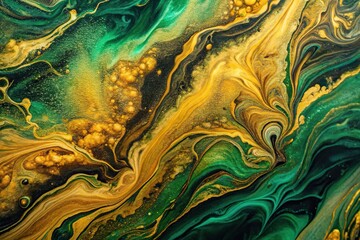 Abstract background with painting of golden flows, green, yellow, and black texture pattern with scratches and peeling paint, high angle view