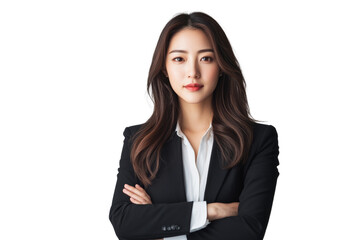 Confident businesswoman in a formal suit with arms crossed, exuding professionalism and determination.
