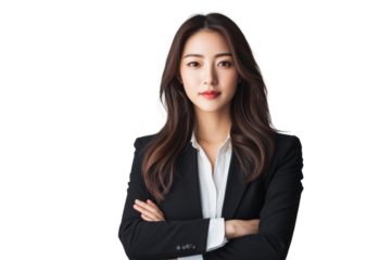 Confident businesswoman in a formal suit with arms crossed, exuding professionalism and determination.