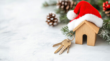 Wooden house with Santa hat, home keys and Christmas tree branch on white table, copy space. Real estate, construction, holiday decoration, seasonal sale, mortgage loan