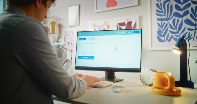 Young man types text prompt in artificial intelligence app on computer. AI image generator creates detailed photo of steampunk airship. Advanced AI generated image creation. Futuristic generative art.