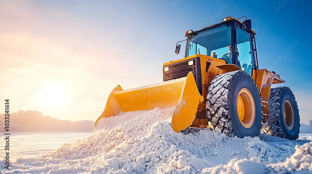 Poster Powerful wheel loader scooping and loading gravel into its bucket at a construction site surrounded by piles of building materials such as lumber pipes