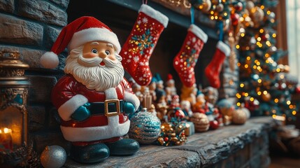 Festive Santa Display: Santa Claus Figurines Standing in a Line, Awaiting Christmas