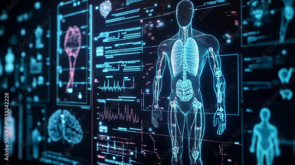 Poster using technology to improve healthcare. a science-based system that interacts with patients. a digit
