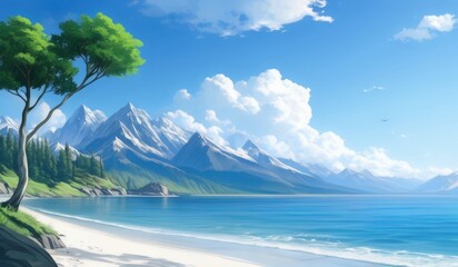 painting of a beach with a tree and mountains in the background