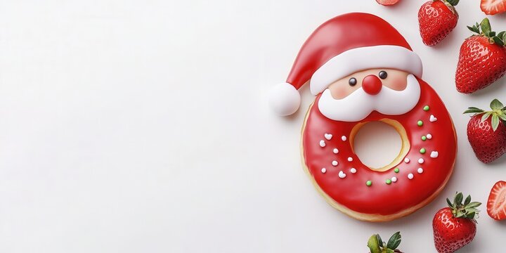 3d Santa-themed donut with a cheerful design, surrounded by fresh strawberries on a white background.